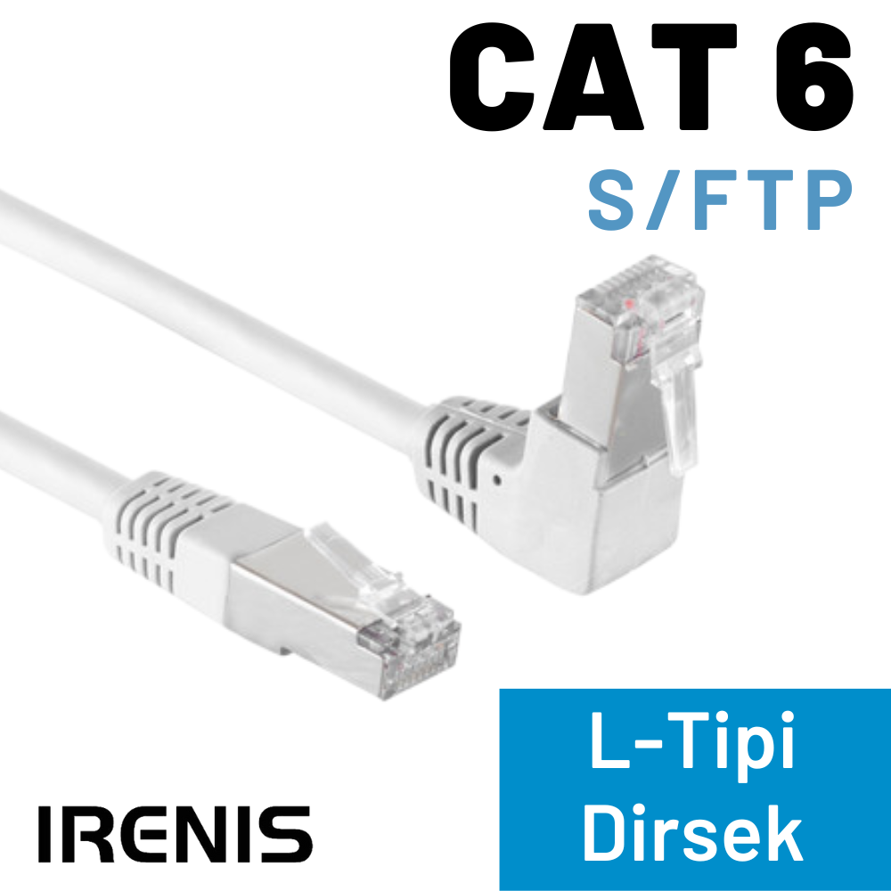 IRENIS CAT6-7000 beyaz kablonun gerçek ürün fotoğrafında sabit 90 derece açılı ve düz RJ45 uçlar